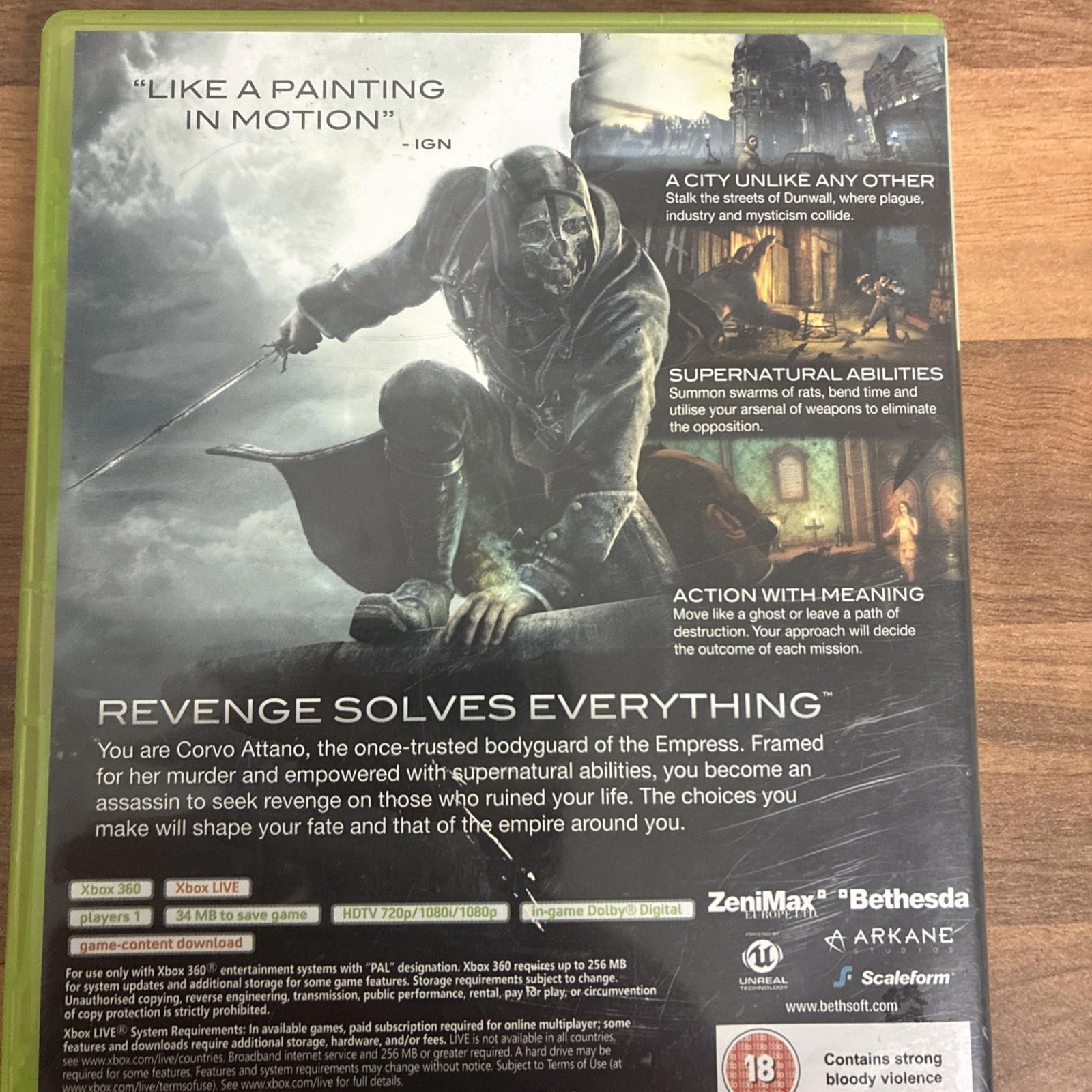 Dishonored (Microsoft Xbox 360, 2012 PAL) with Manual