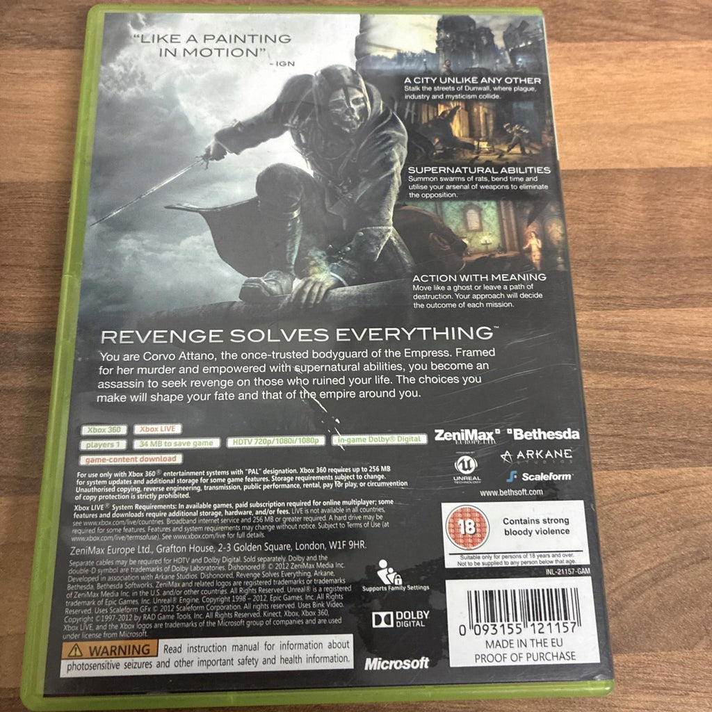 Dishonored (Microsoft Xbox 360, 2012 PAL) with Manual