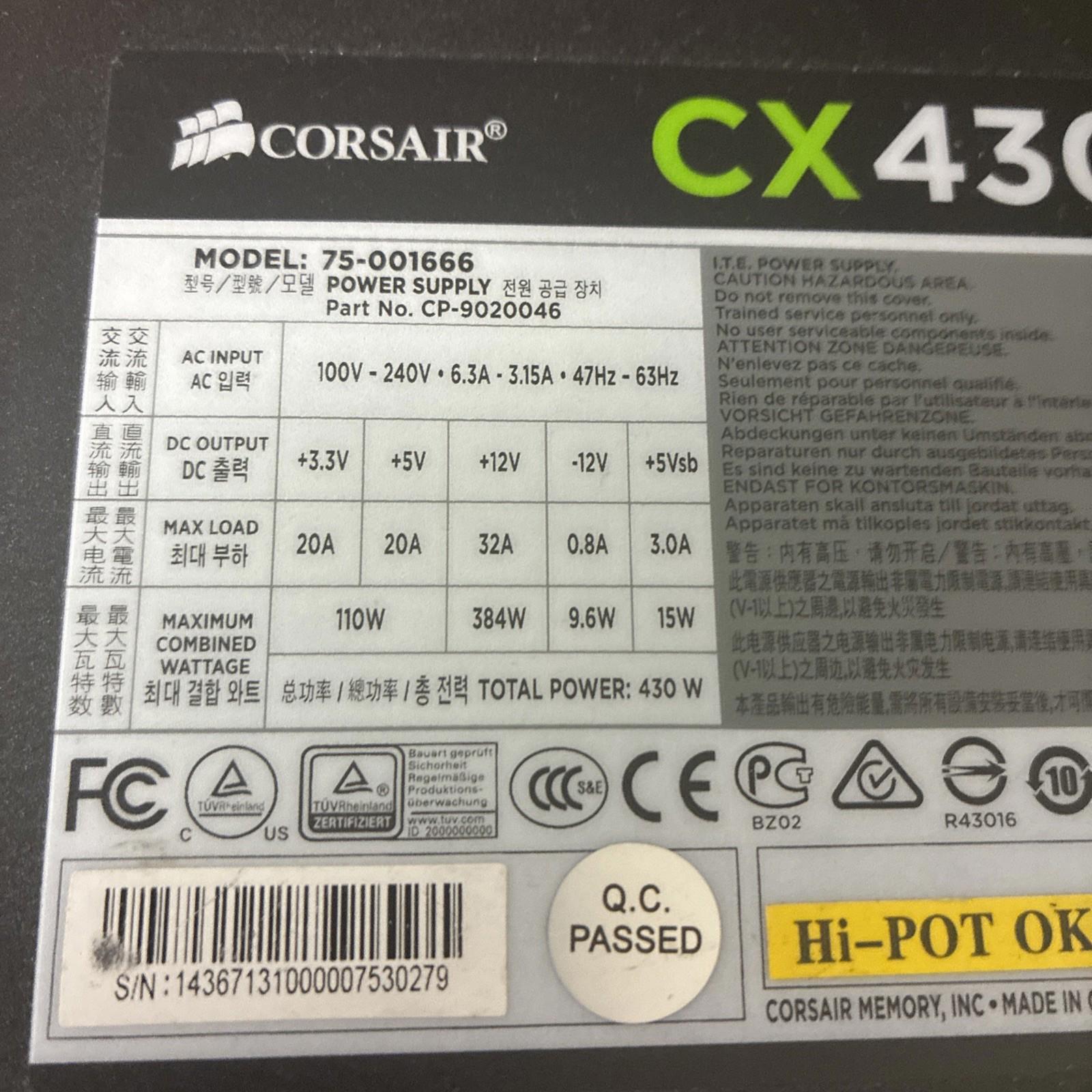 Corsair CX430 75-001666 PC Power CP-9020046 Used & Working condition