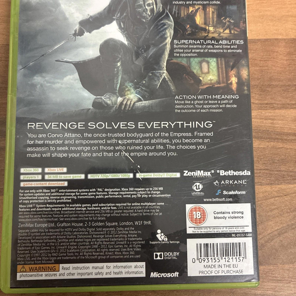 Dishonored (Microsoft Xbox 360, 2012 PAL) with Manual